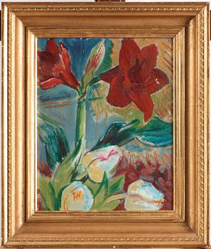 Isaac Grünewald, Still life with tulips and red belladonna lily.