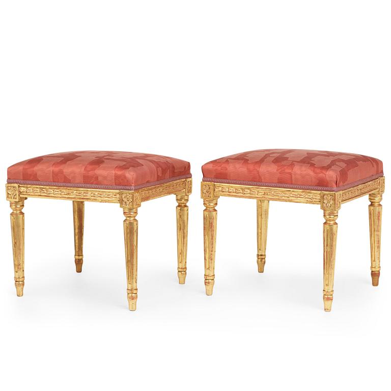 A pair of Gustavian late 18th century stools by Carl Fredrik Flodin (master in Stockholm 1776-95).