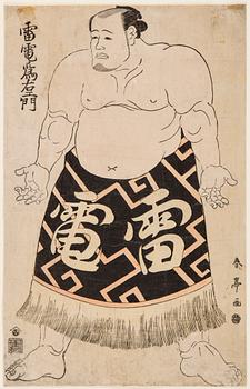 KATSUKAWA SHUNTEI (1770-1820), color woodblock print. Japan, 1790. 'Raiden Tameemon'.