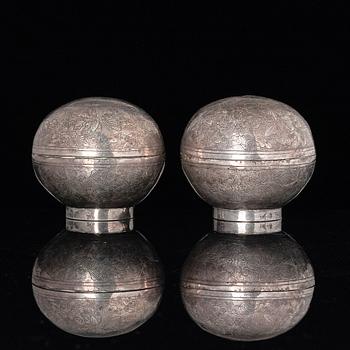Two circular silver boxes with covers, Tang dynasty (618-906).