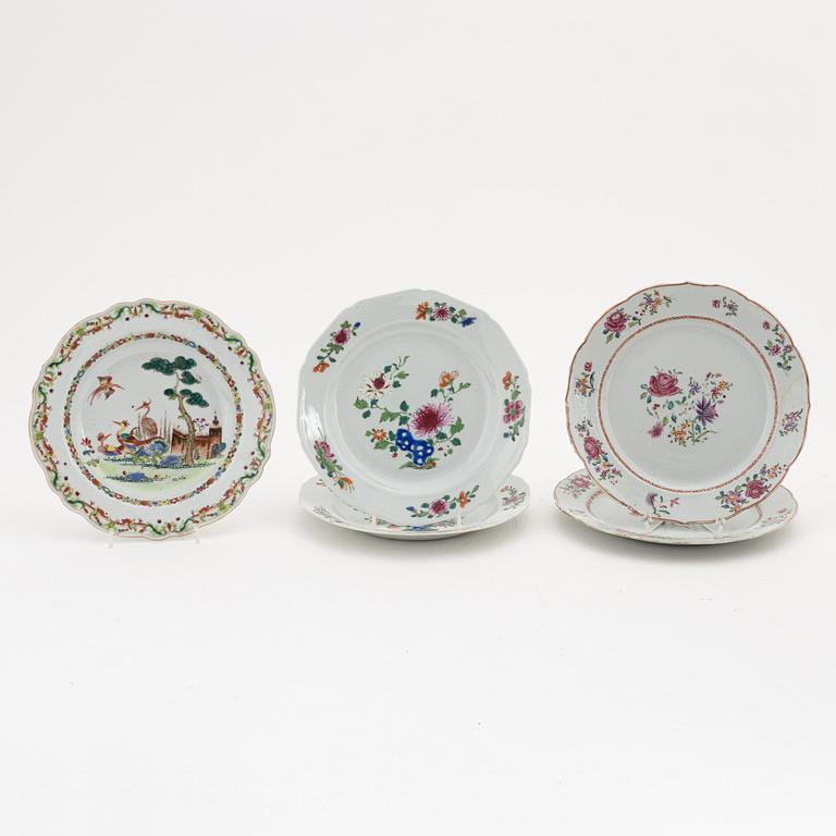 A group of eight famille rose plates, Qing dynasty, Qianlong (1736-95).