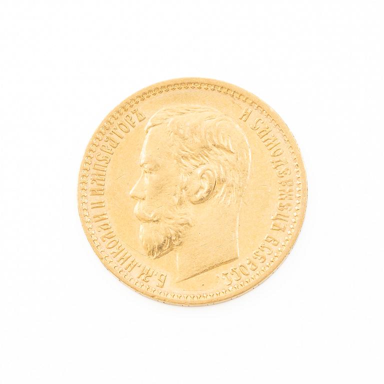Gold coin, Nicholas II, Russia, 5 Rubles, 1898.