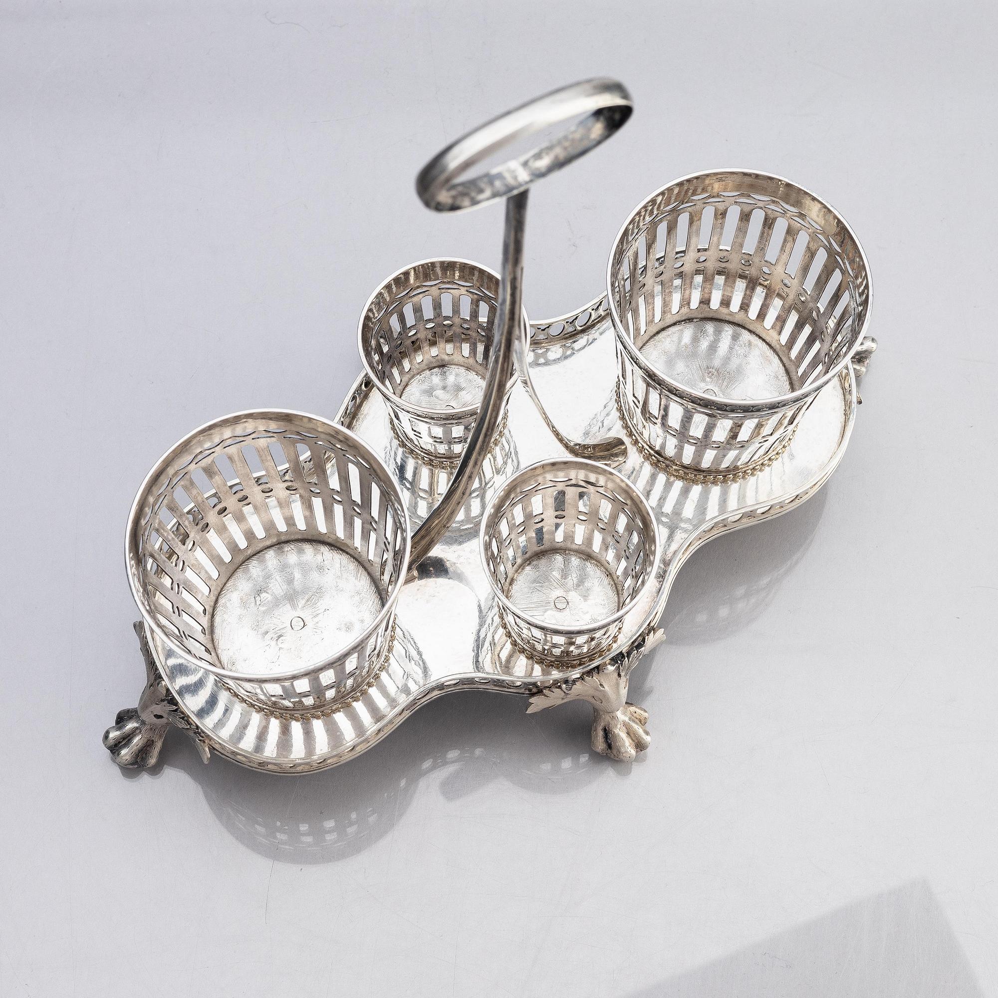 A Swedish 18/19th century silver and glass cruet-set, mark of Pehr Zethelius and Paul Wihlborg, Stockholm 1795 and 1814.