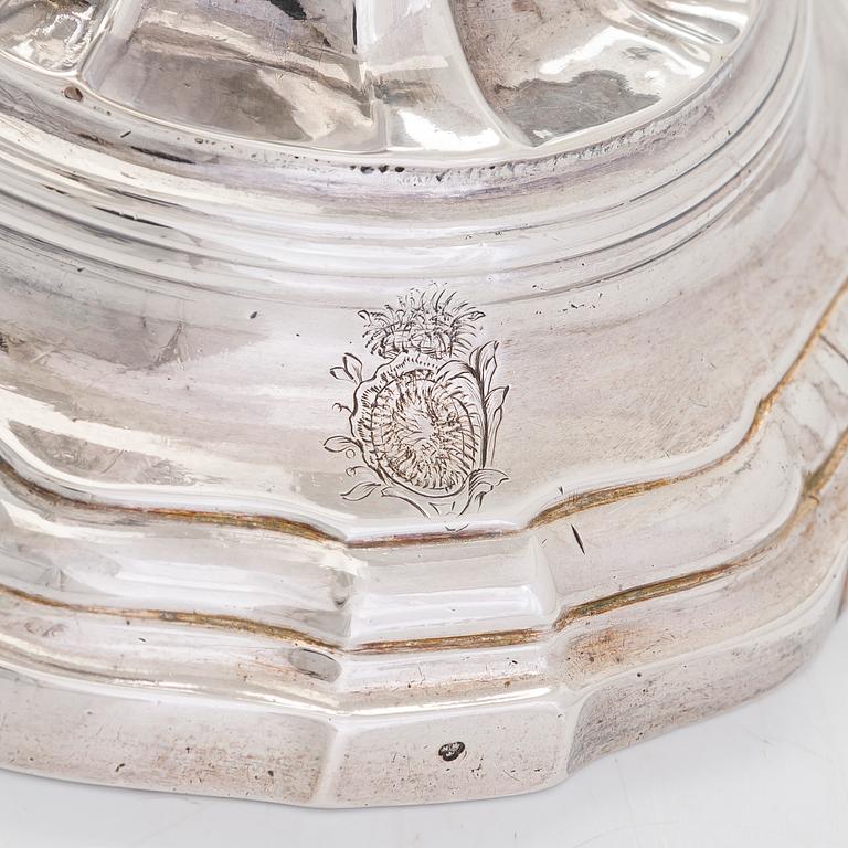 A pair of 18th-Centuty French silver candlesticks, maker's mark of Jean-Joseph Falguière (active in Dinan 1744-1773).