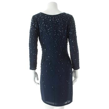 ESCADA, a darkblue silk cocktail dress with black decorative glasspearls.