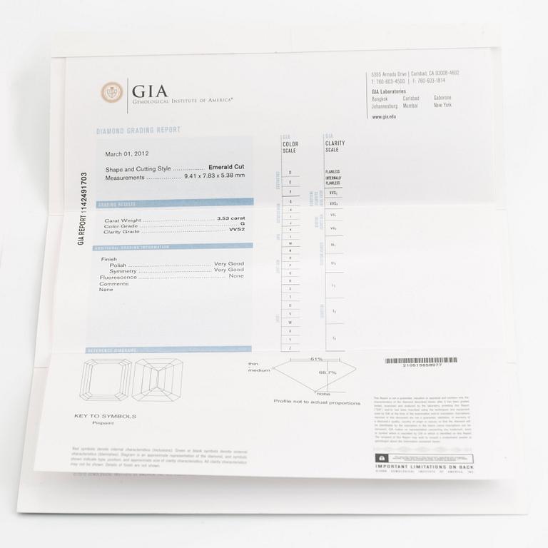 An Engelbert ring in 18K white gold set with an emerald-cut diamond 3.53 ct G vvs 2.