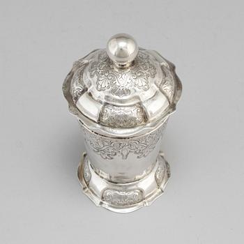 An 18th century silver beaker and cover, fantacy marks like Swedish pewter marks.