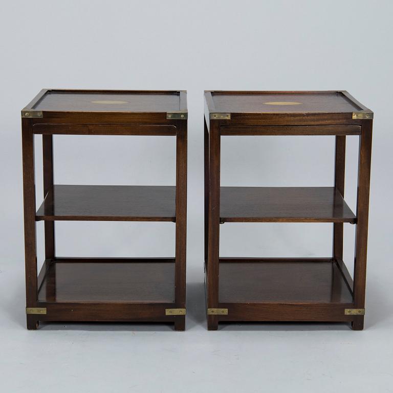 A pair of English walnut side tables, later part of the 20th century.