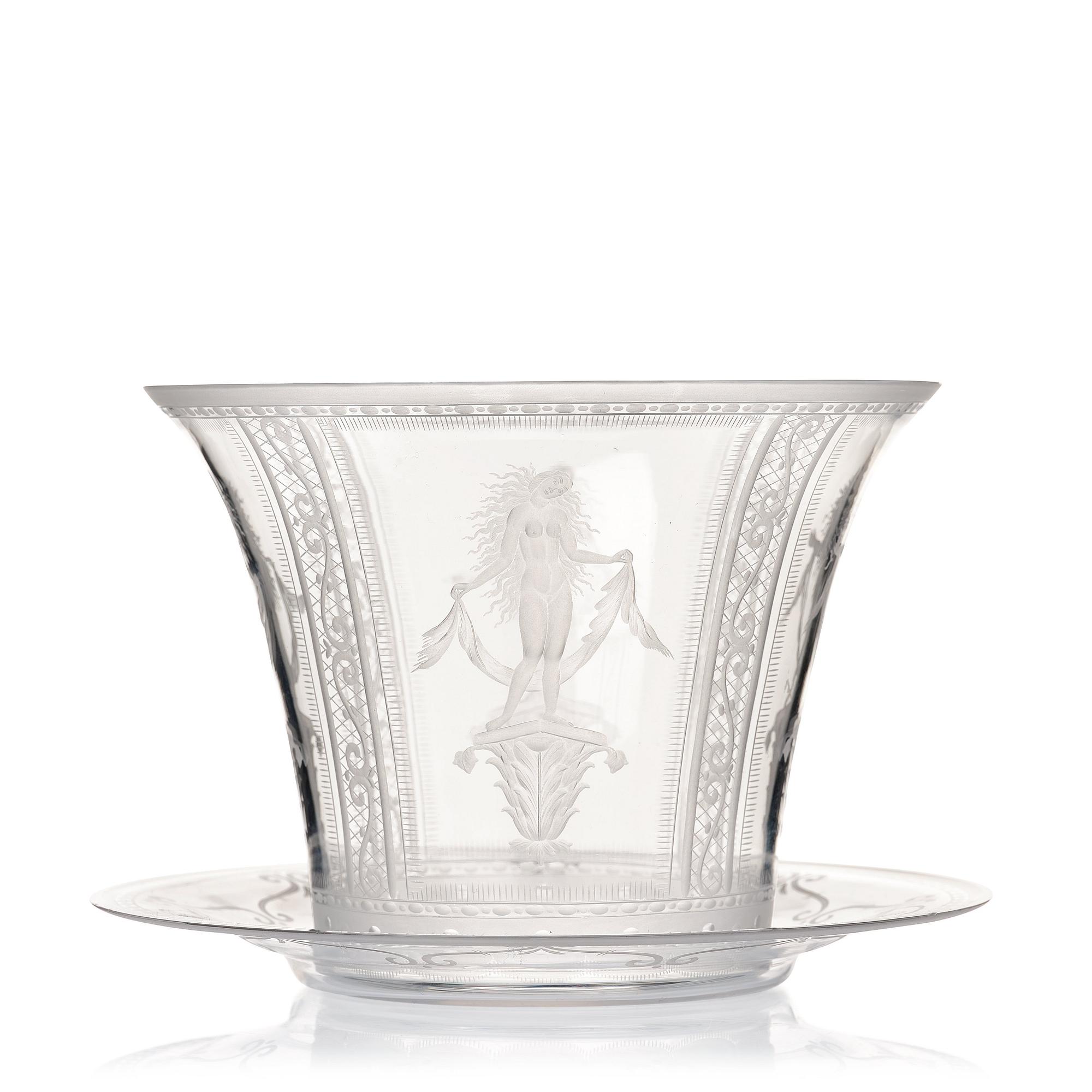 Simon Gate, an glass bowl with plate, Orrefors 1924, engraved by Karl Müller.