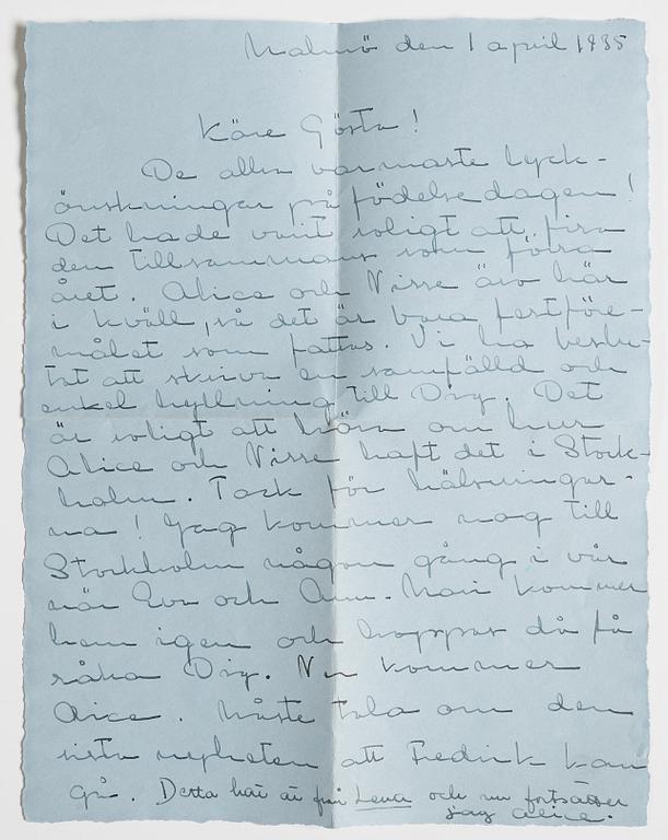 LETTER from the Wedel and Liepe families to GAN (Gösta Adrian-Nilsson) in Stockholm, dated Malmö 1 april 1935.