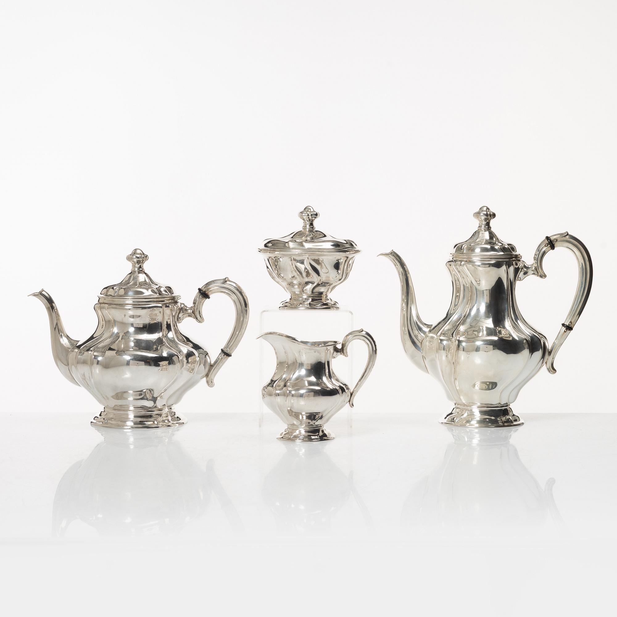 Kaffe- och teservis, 4 delar, silver, rokokostil, Otto Wolter, Schwäbisch Gmünd, Tyskland, 1900-tal.