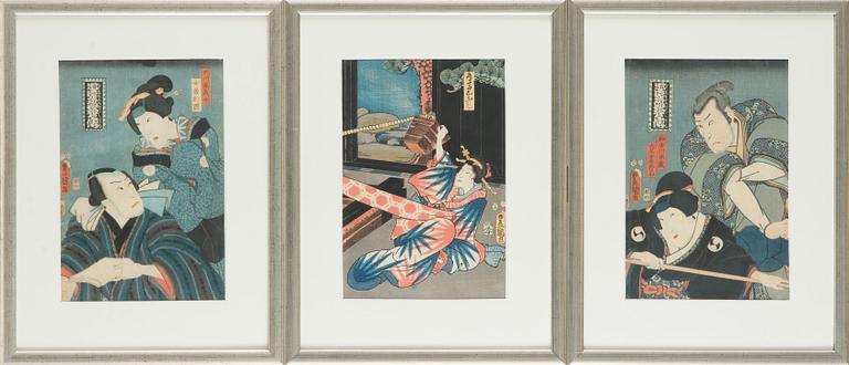 Utagawa Kunisada (Toyokuni III), Japanilaiset puupiirrokset, 3 kpl.