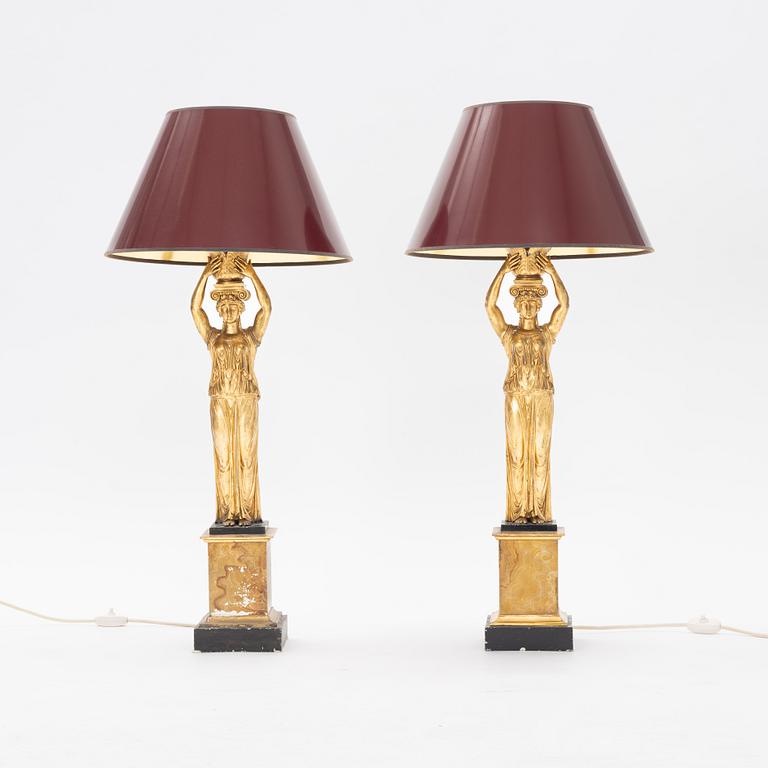 A pair of metal Empire style table lights, late 20th Century.