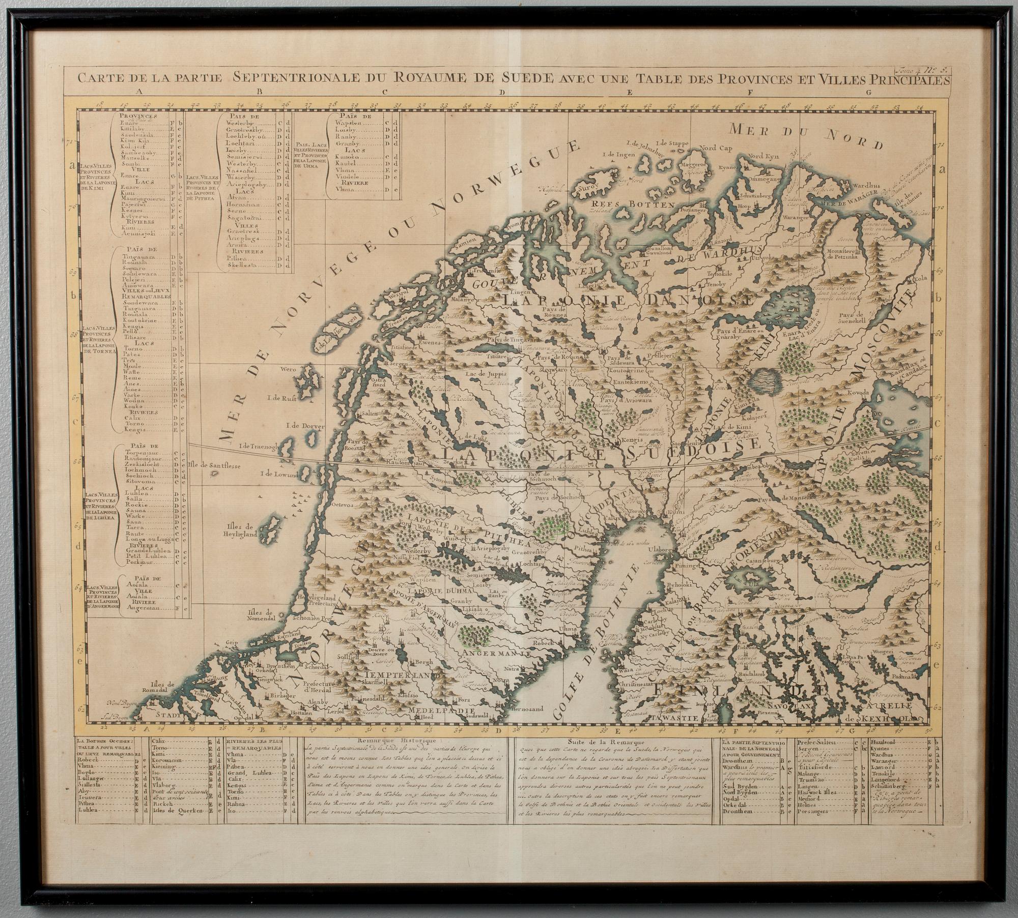 KARTOR, 2 st, Carte de la Partie Septentrionale du Royaume de Suede avec une table des Provinces et Villes Principales.