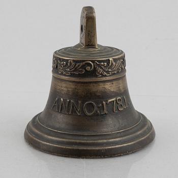 A bronze bell, marked Gothenburg, Sweden, an dated 1781.
