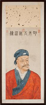 1308. OKÄND KONSTNÄR, akvarell på papper, porträtt föreställande kejsar Hongwu (1368-1398), grundare av Mingdynastin. Qing dynastin, 1700-tal.