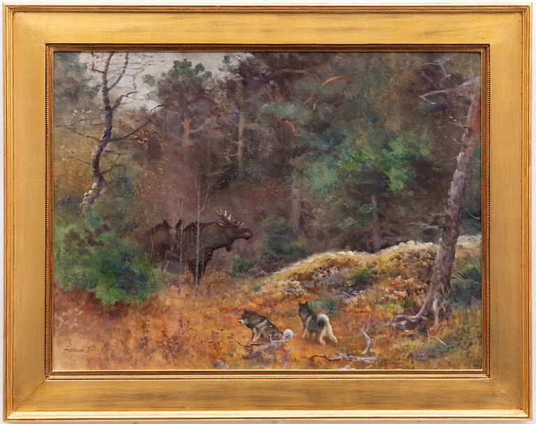 Lindorm Liljefors, Forest landscape with moose and dogs.