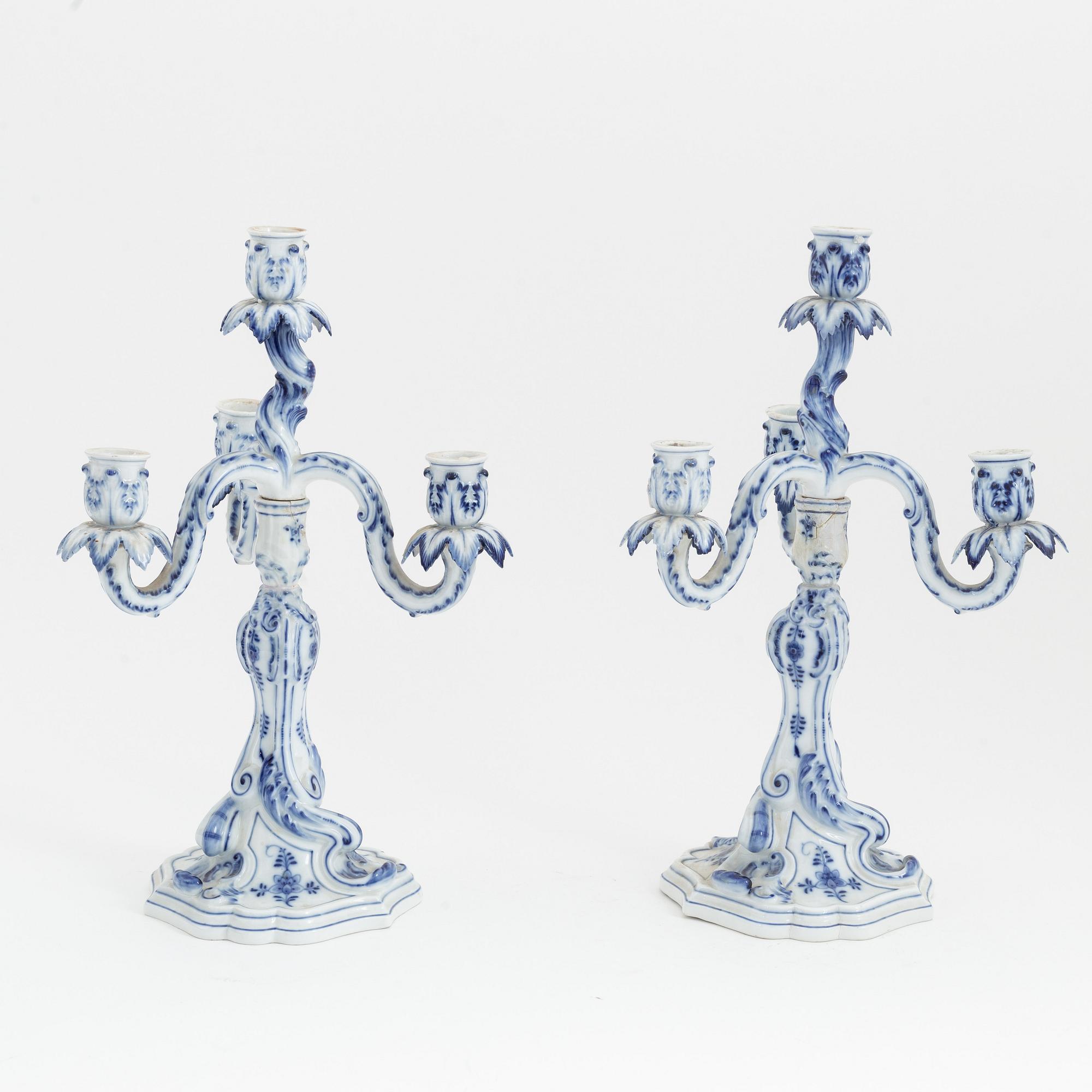 A pair of rococo style porcelain candelabras, Meissen, Germany, early 20th century.