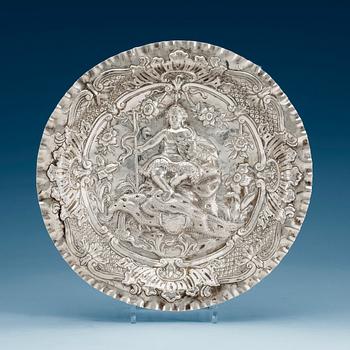 825. An 18th century silver basin, marks possibly Spain 1759.