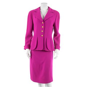 ESCADA, a hot pink wool two-piece suit consisting of a jacket and skirt. Size 42.