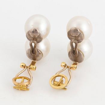 Cultured pearl and brilliant-cut diamond earrings.