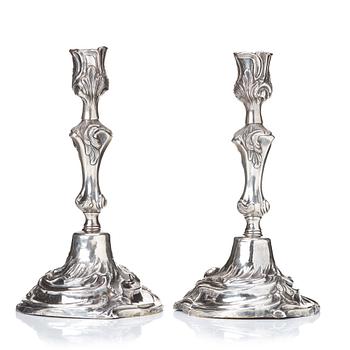 A pair of Swedish rococo argent haché candlesticks, by Caspar Liendenberg, Stockholm 1770.