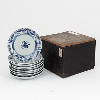 A set of nine blue and white Japanese plates, Meiji period (1868-1912). Meiji period.