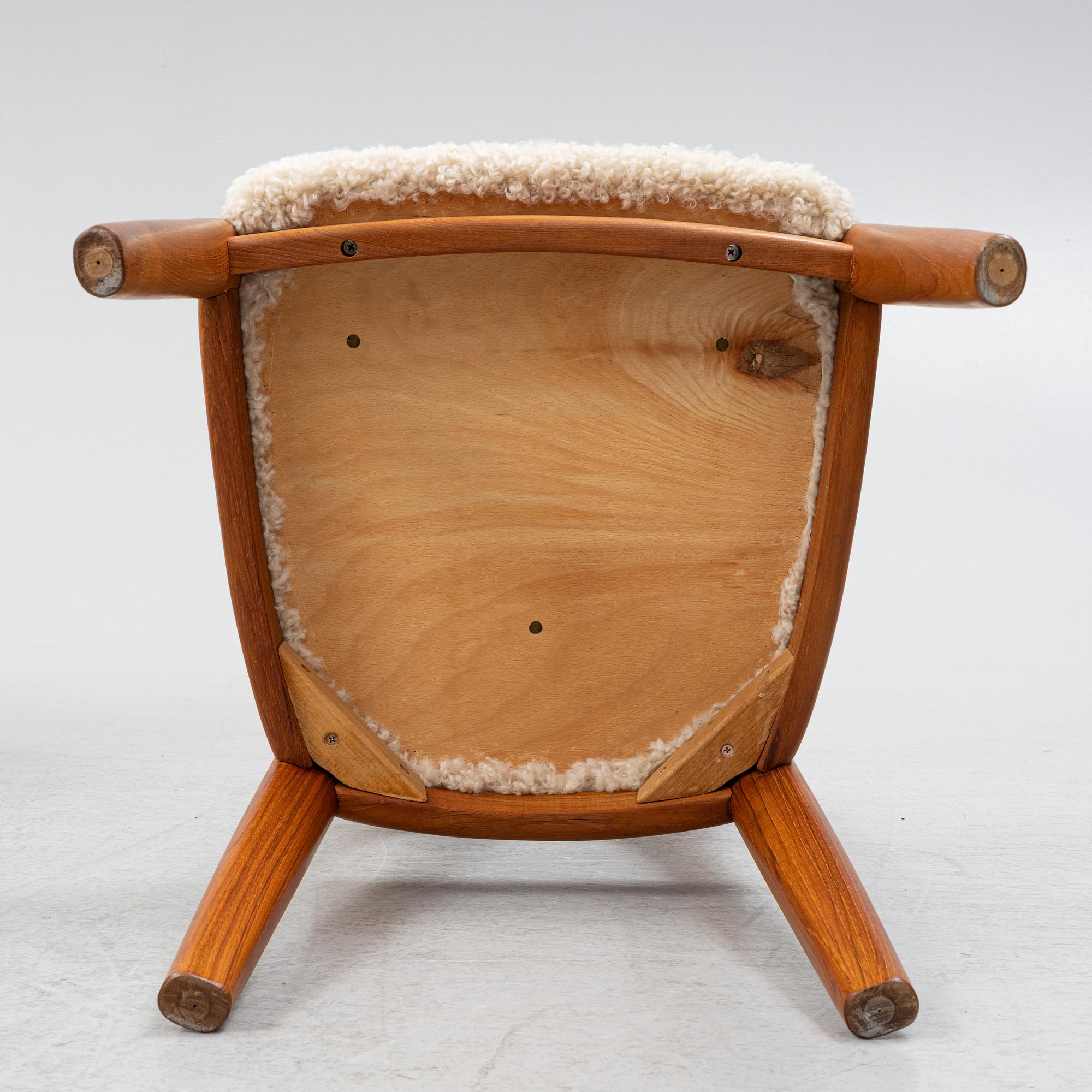 Niels Koefoed, six teak dining chairs upholstered in sheepskin, Denmark, 1960's.