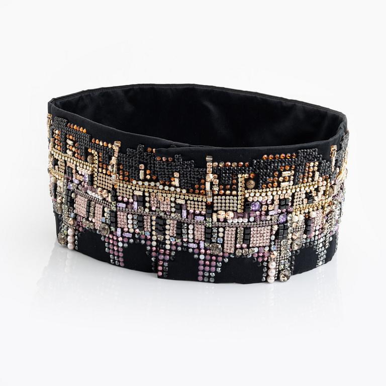 Chanel, a black silk and multicolour rhinestone belt, size 34.