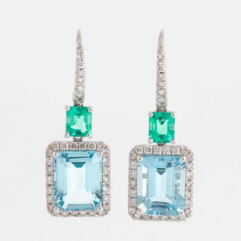 Aquamarine, emerald and brilliant-cut diamond earrings.