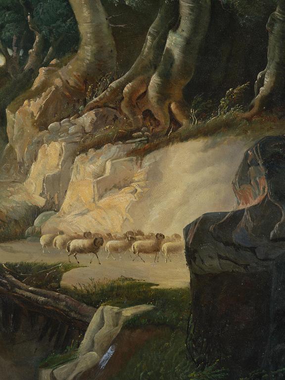 Okänd konstnär, 1800-tal, Oväderslandskap med herdinna och får.