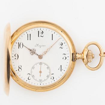 Longines, pocket watch, 14K gold, hunter, chain in 18K gold, 51 mm.