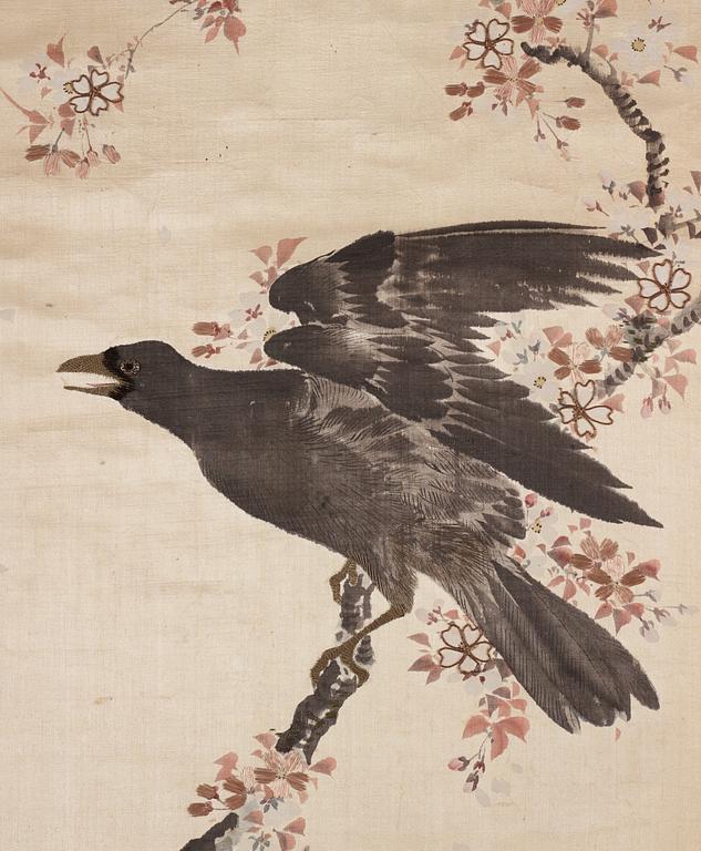 Two Chinese and Japanese hanging scrolls, ink and colour on silk and paper, 20th century.