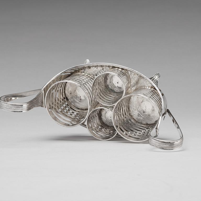 A Swedish 18th century silver and glass, cruet-set, mark of Stepan Westerståhle, Stockholm 1798.