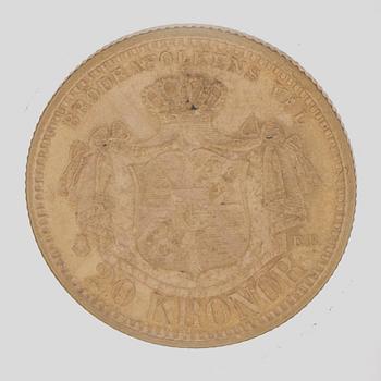 A gold coin, 20 swedish kronor, 1899, weight c 9 g.
