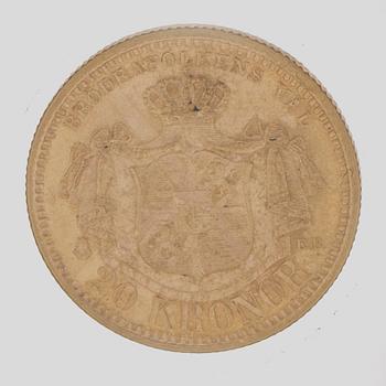 A gold coin, 20 swedish kronor, 1899, weight c 9 g.