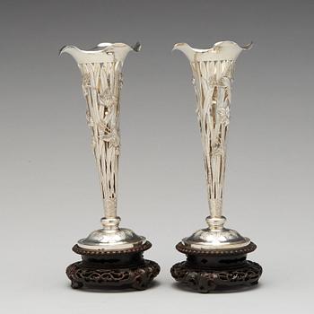 A pair of export silver vases by Luen Wo, Shanghai, early 20th Century.