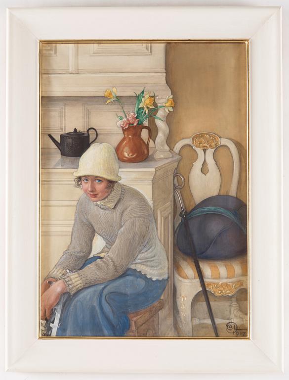 Carl Larsson, Girl with ice skates, interior from the school household, Falun.