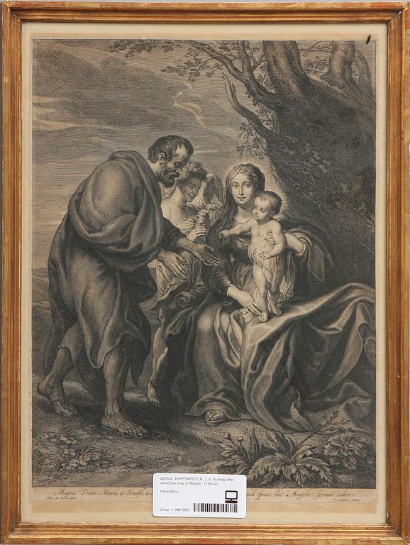 KOPPARSTICK, 2 st. Avdrag efter van Dyck resp C Maratti. 1700-tal.