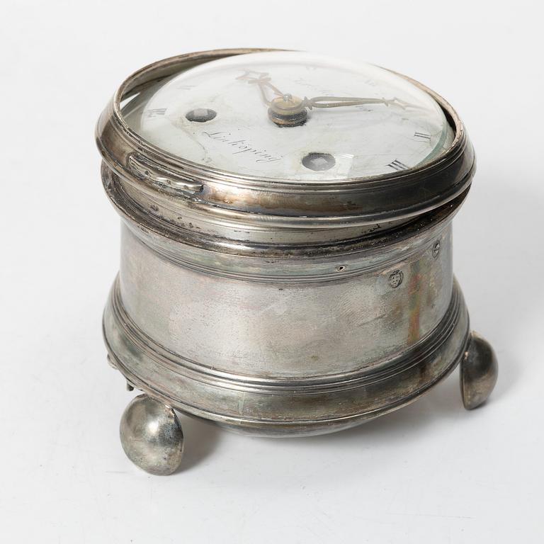 A silver carriage clock by I. Nesselius (watchmaker 1811-46), case by P. G. Strömberg, Linköping 1820.