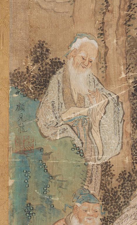 A hanging scroll with Scholars studying paintings in a garden, Qing dynasty, presumably 19th Century.