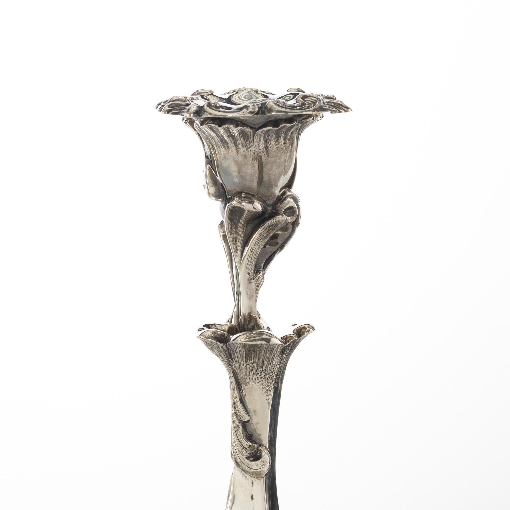 Gustaf Möllenborg, a pair of neo-rococo silver candle sticks, Stockholm, Sweden, 1855.