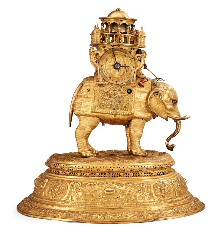 An important South German late 16th century gilt copper and bronze elephant automaton figure clock.