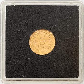 Gold coin, Oscar II, 5 kronor, type II, Sweden 1901.