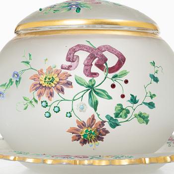 Punch bowl with lid and tray, frosted glass, Germany, circa 1900.