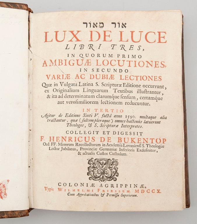 BÖCKER OM HEBREISKA, 2 vol, bla "Lux de luce...ambiguae locutiones...", Köln 1710.