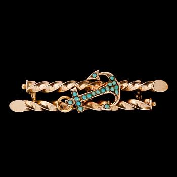 BROSCH, 14 k, guld, med turkoser. Total vikt ca 6 g.