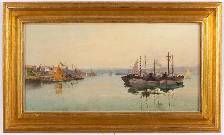 Henry Martin, River Landscape with Barges at Anchor.