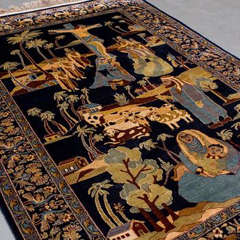 An oriental figural silk rug, around 181 x 124 cm.