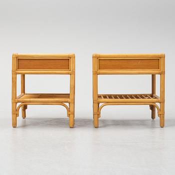 A pair of teak, bamboo and rattan bedside tables, late 20th Century.